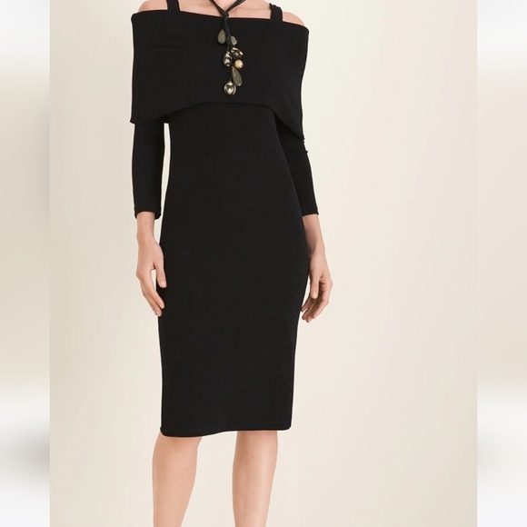 Chico's Travelers Three-Way Fit-And-Flare Dress Black 2 US Lg 12/14 Slinky Knit - Picture 2 of 10
